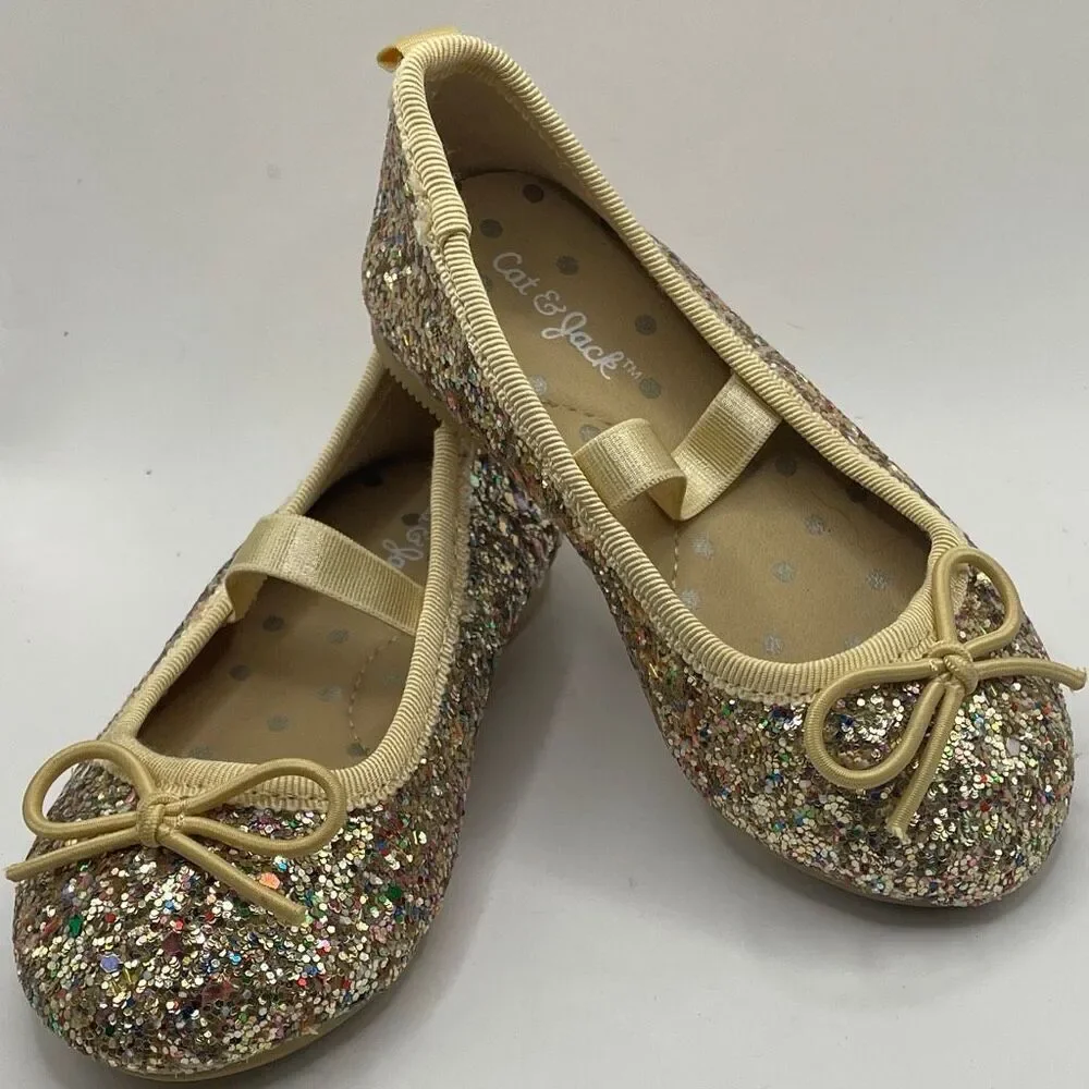 Cat & Jack Girls Size 5 Glitter Ballet Flats Gold Bow Sparkly Slip-On Dress Shoe